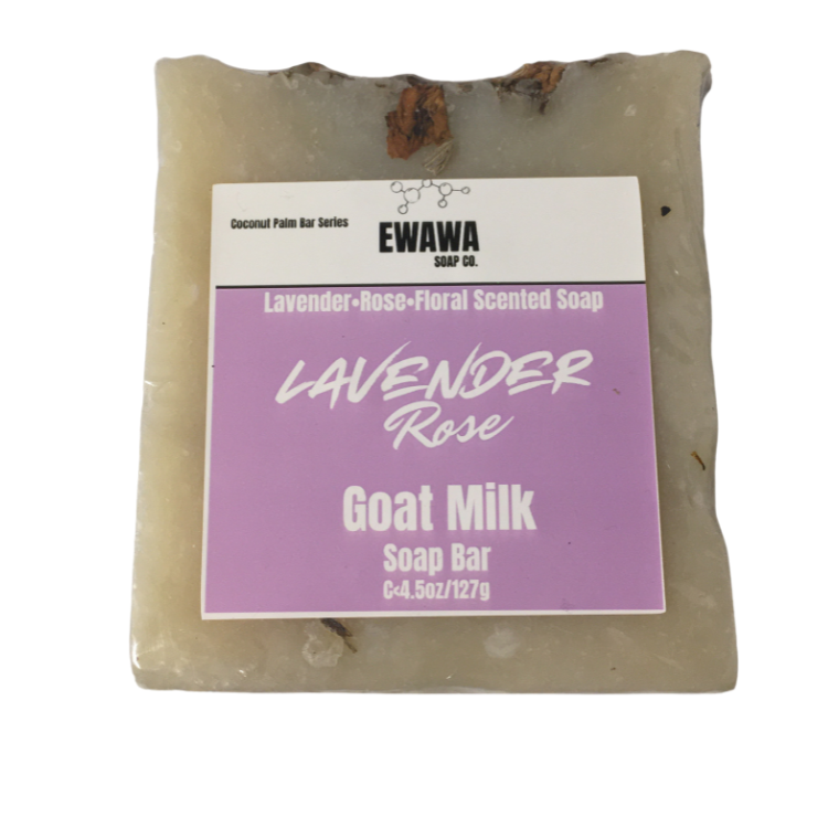 Goat milk soap bar with lavender and rose scent on a white background