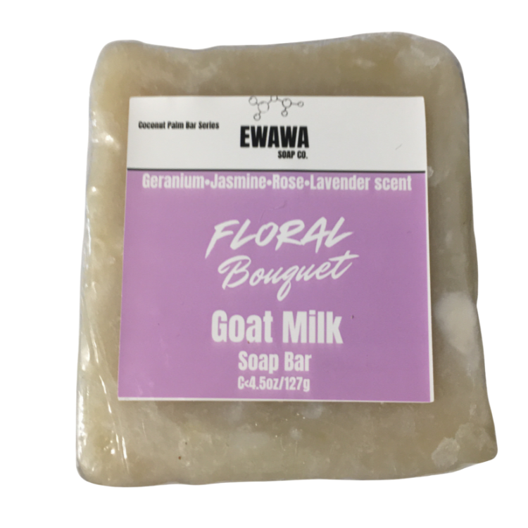 Goat milk soap bar Floral Bouquet with a purple label on a white background