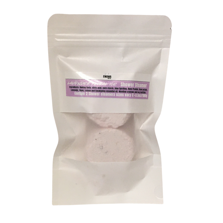 Package of two shower steamers with a visible label on a white background
