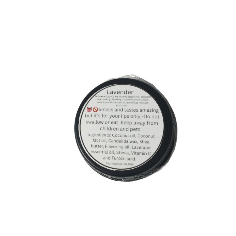 Back of Ewawa Soap Co nourishing Lip Balm. On a white background.